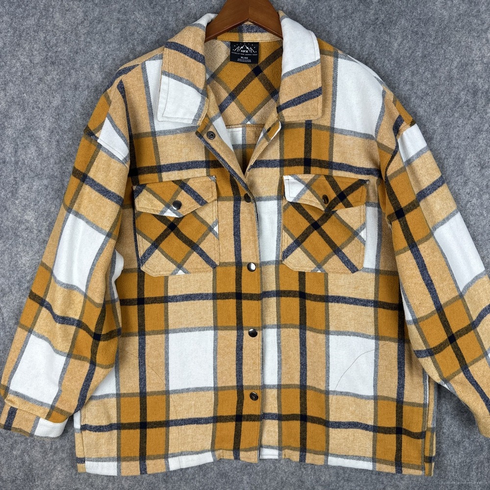 HFX Shirt Jacket Womens XL Orange Yellow Plaid Flannel Shacket Oversized